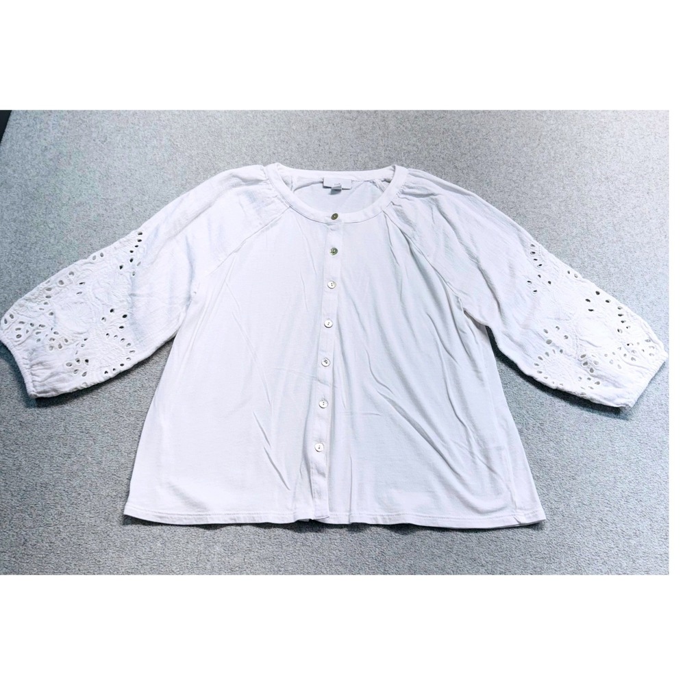 J. Jill Cardigan Womens XS Petite White Eyelet Lace Sleeve Button Front Top